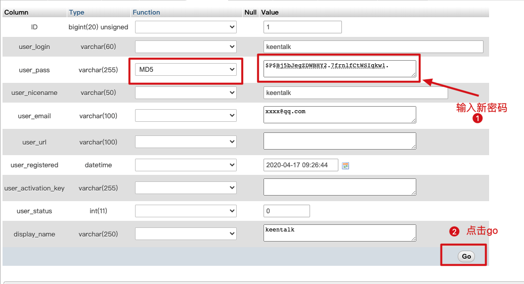 phpmyadmin change wordpress password